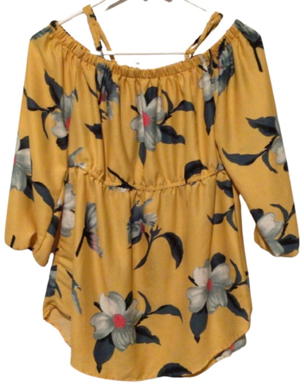 Hint of Blush Yellow Floral Ruffle Sleeve Off Shoulder Blouse Size Small